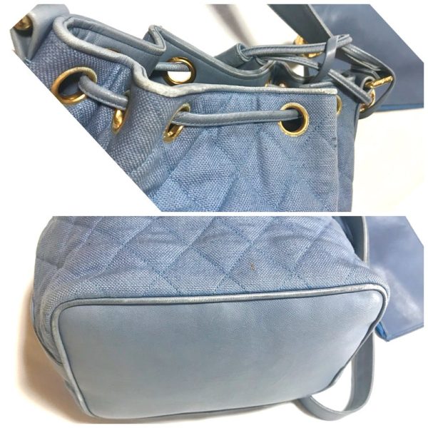 CHANEL Vintage blue quilted canvas and leather combo hobo bucket shoulder bag with drawstrings and golden CC mark balls Supply