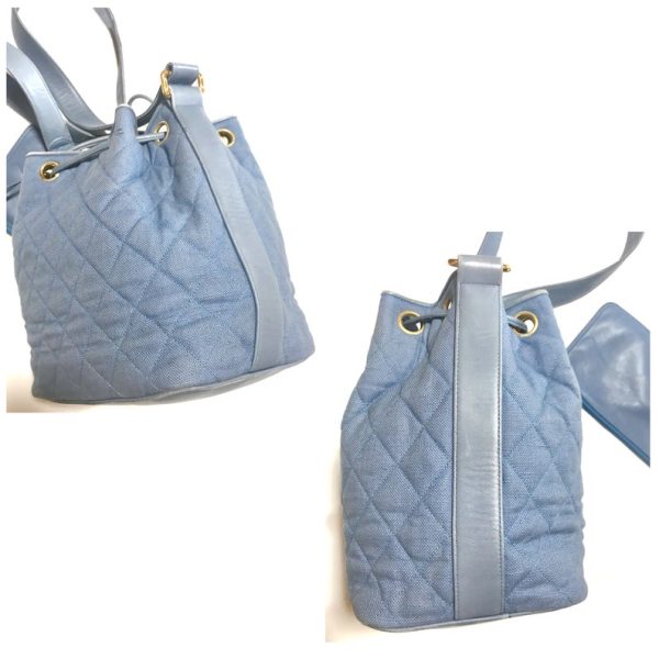 CHANEL Vintage blue quilted canvas and leather combo hobo bucket shoulder bag with drawstrings and golden CC mark balls Supply