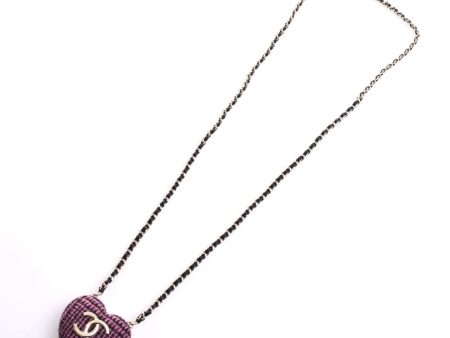 CHANEL Tweed Heart Here Mark Chain Necklace Pink Black Ladies For Sale